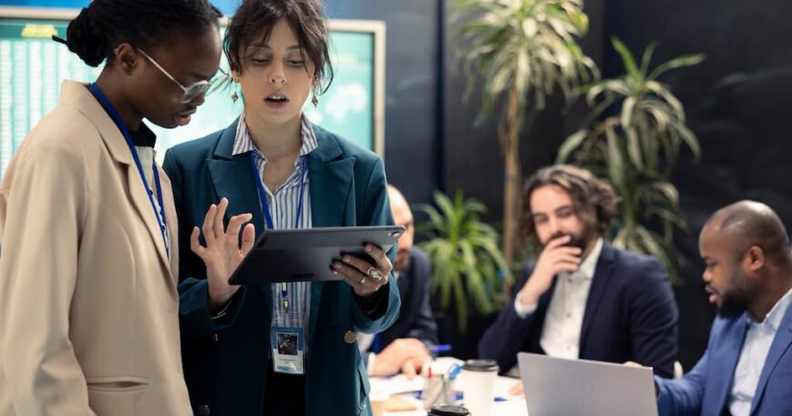 Employee's looking at an ios app